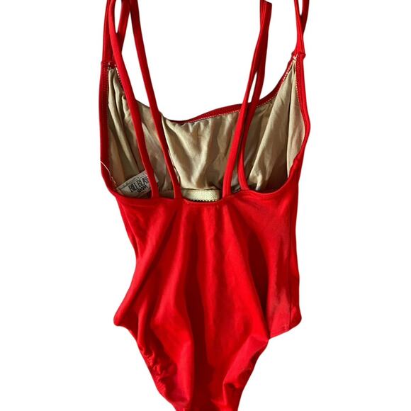 Vintage Bill Blass One Piece Red Swimsuit Women 6 Tank Solid Gold Logo High Cut - Picture 4 of 14